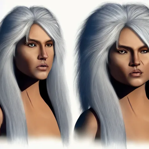 Image similar to A human cheetah hybrid with long lush white hair, concept art, highly detailed, 8k
