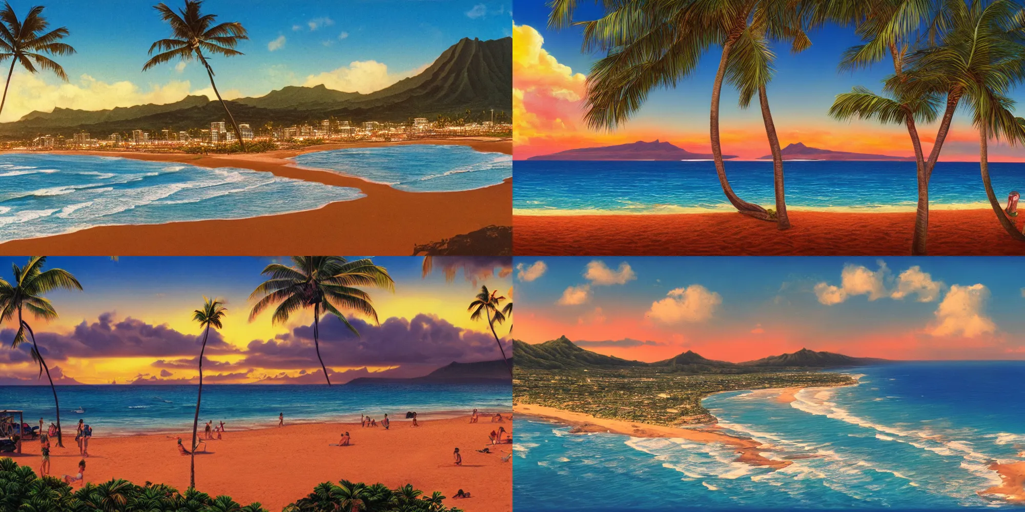 Prompt: panorama of a hawaii beach, retro, highly-detailed, nostalgic, trending on artstation, 4k, trail lights