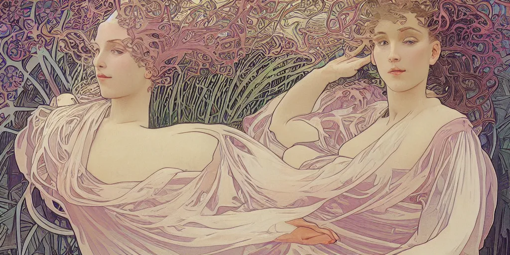 Image similar to alphonse mucha masterpiece, hyperrealistic surrealism, award winning masterpiece with incredible details, epic stunning, infinity pool, a surreal vaporwave liminal space, highly detailed, trending on ArtStation, calming, meditative, pink arches, flowing silk sheets, palm trees, very vaporwave, very very surreal, sharp details, dreamscape