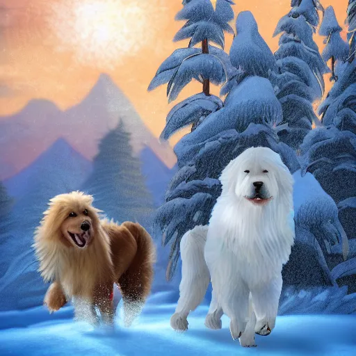 Prompt: fantasy art ultra detailed photo of a yeti and great pyrenees dog walking in a blizard