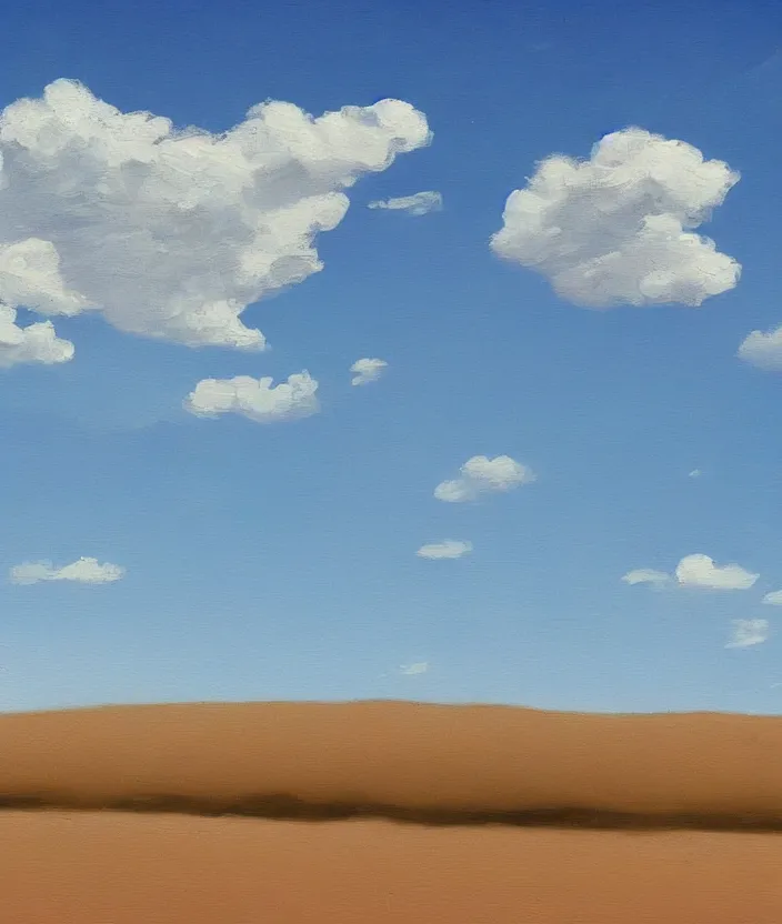 Prompt: a very detailed painting of a billboard in the empty desert, baby blue sky with very aesthetic stylized clouds, in the style of edward hopper, very small brushstrokes, 4 k,