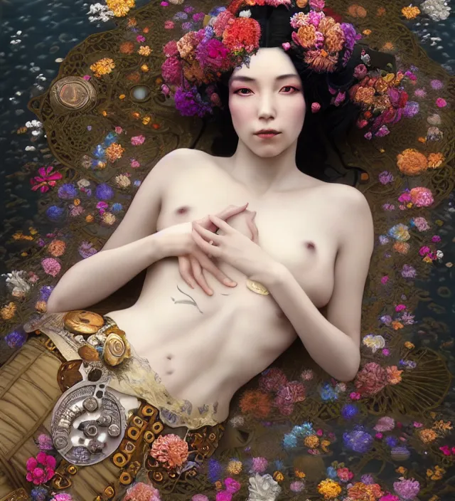 Image similar to baroque portrait of one steampunk bohemian geisha woman of porceline skin lying down in a river made of thousand of flowers, cinematic lighting, photorealistic, octane render, 8 k, depth of field, art by artgerm and greg rutkowski and alphonse mucha and uang guangjian