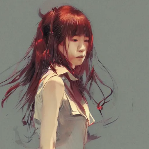 Image similar to full body portrait of a korean schoolgirl with long hair and bangs, her arms are mutating into thin red tedrils, dramatic lighting, illustration by Greg rutkowski, yoji shinkawa, 4k, digital art, sci-fi horror concept art, trending on artstation