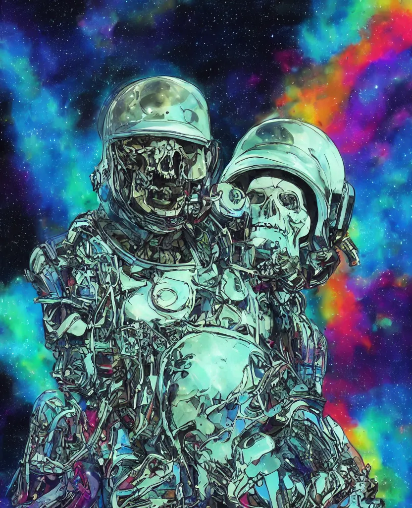 Prompt: a psychedelic cosmonaut skeleton melting tearing his suit off, rainbow melting color scheme, floating in the cosmos nebula, glass space helmet, in front of a destroyed retrofuturism spaceship covered in old technology, by Stanley Artgerm Lau, WLOP, Rossdraws, James Jean, Andrei Riabovitchev, Marc Simonetti, and Sakimichan, hyperrealist, cinema4D, 8k highly detailed ❤️‍🔥 🔥 💀 🤖 🚀
