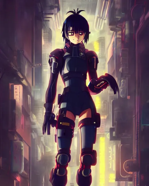 Image similar to portrait of anime girl in mechanic armor in night tokyo by makoto sinkai, my hero academia,cyberpunk, greg rutkowski, perfect face, fine details