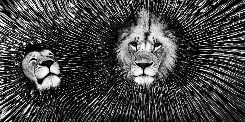 Prompt: a lion made of ferrofluid bathing inside the bathtub full of ferrofluid on a photography studio, dripping and drooling ferrofluid. dslr, wrinkles, ferrofluid, photography