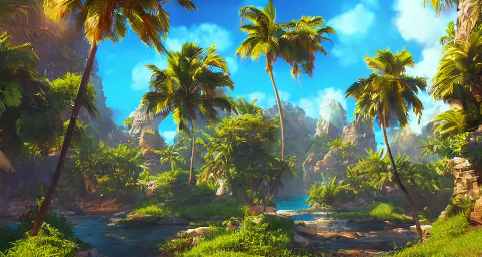 Prompt: An epic fantasy style painting of a sunny tropical paradise, unreal 5, DAZ, hyperrealistic, octane render, volumetric clouds dynamic lighting