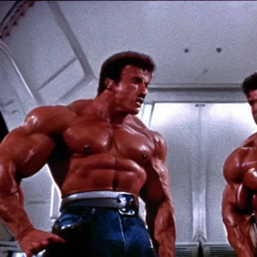 Prompt: arnold schwarzenegger and sylvester stallone in an alien lair, contra, 1 9 8 7, movie still
