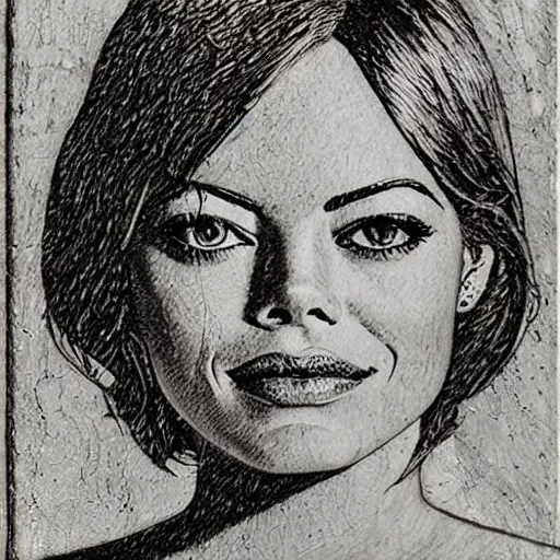 Prompt: detailed etching of emma stone, etching on metal, by mauritius escher