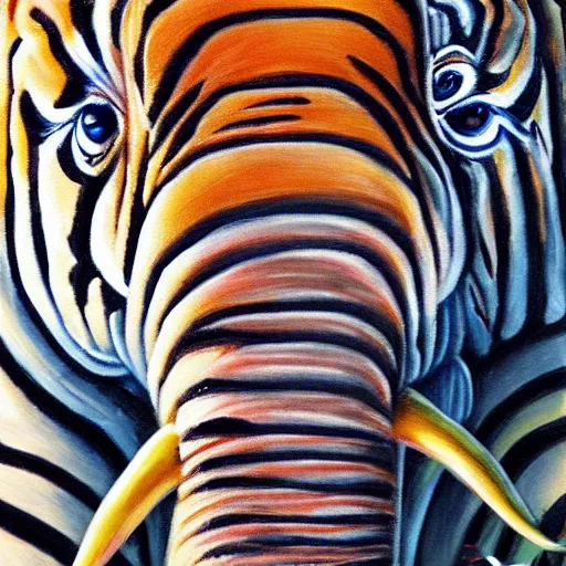 Prompt: hybrid animal elephant with tiger stripes detailed oil painting 4k