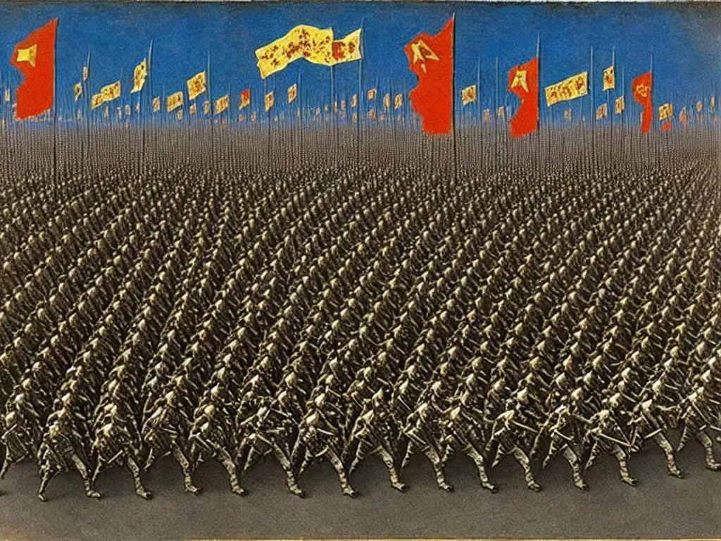 Prompt: armies marching into battle, futuristic alternate timeline, communist hordes, art by max ernst