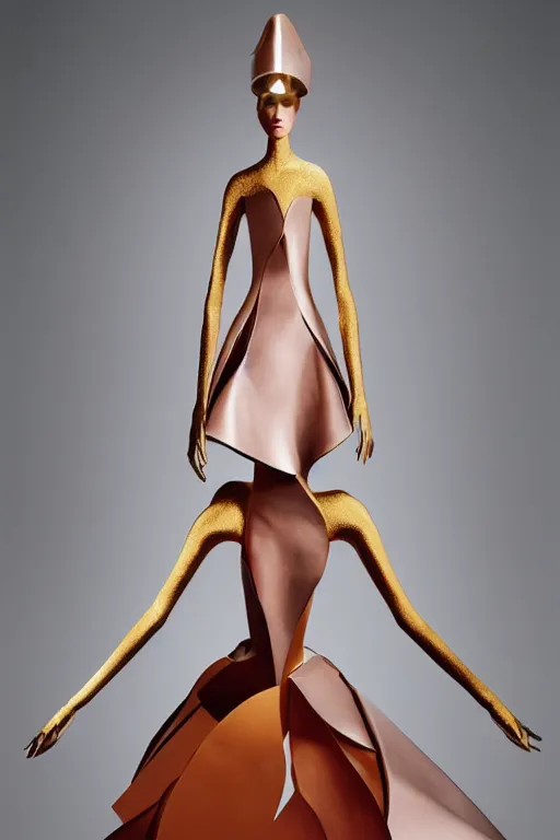 Image similar to photograph of a woman in a haute couture sculptural outfit by alexander mcqueen, cg society contest winner, vorticism, feminine, volumetric soft lighting