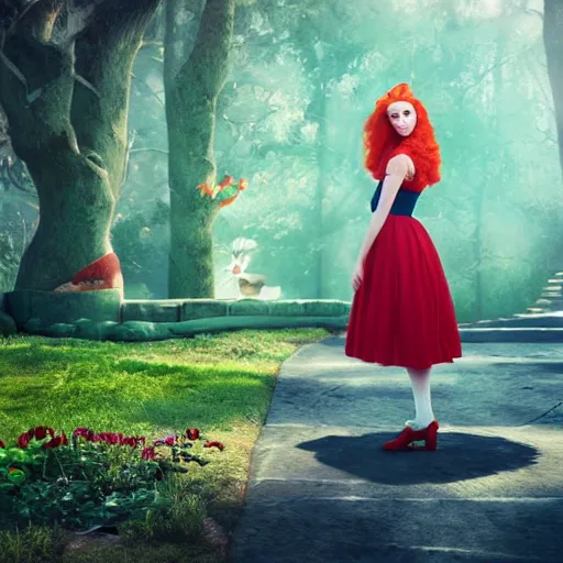 Image similar to red head queen, alice in wonderland theme, disney photo realistic, full body, octane render, 8 k, unreal engine, hd, cinematic lighting