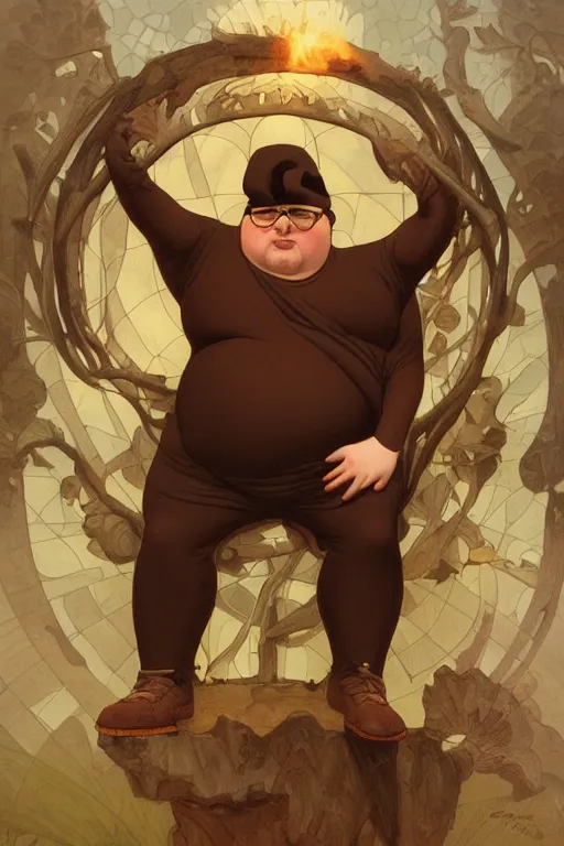 Image similar to portrait of the nostalgia critic as a pathetically weak chubby man, forest, full body, obese, fantasy, intricate, elegant, highly detailed, digital painting, artstation, concept art, sharp focus, illustration, art by artgerm and greg rutkowski and alphonse mucha