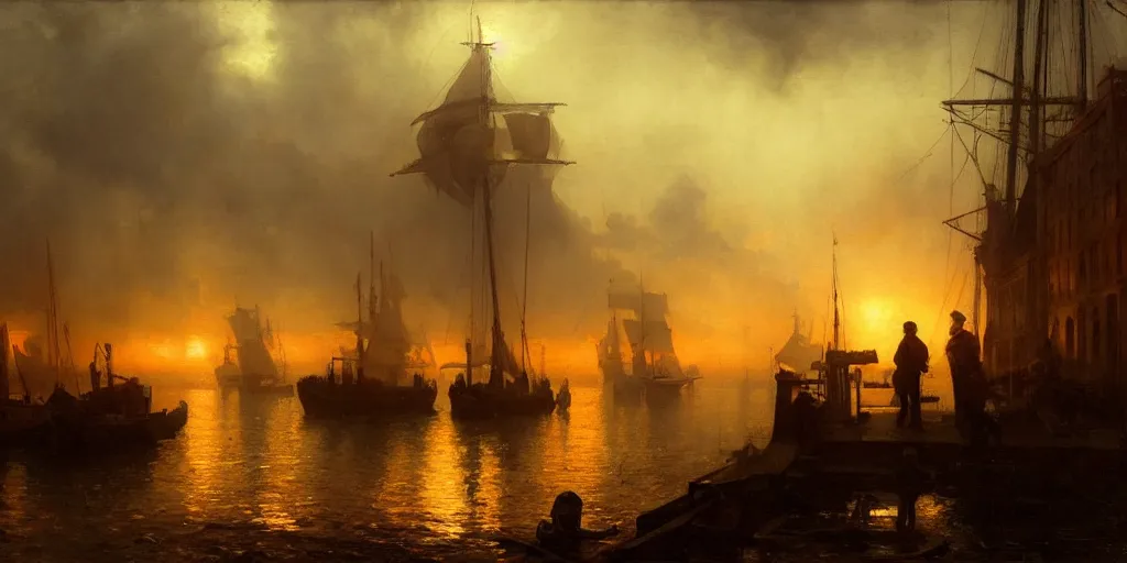 Prompt: a seaport in 1 9 4 0 with red light on, sunny day, a men stand up next to the edge, mystical orange fog, oil on canvas, art by andreas achenbach, clemens ascher, tom bagshaw and sabbas apterus,