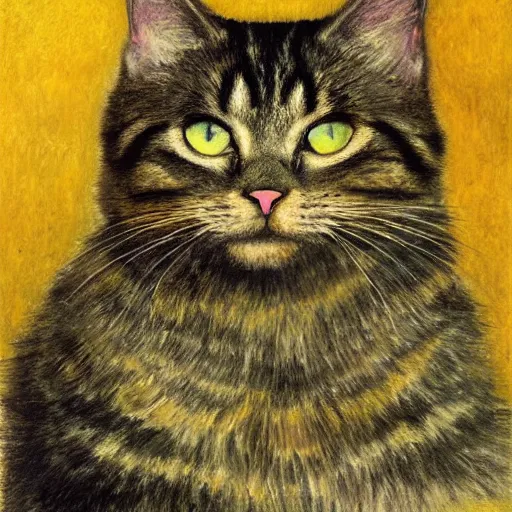 Prompt: portrait of a very fluffy dark tabby cat with green eyes, smiling cat, golden colors, jewelry, intricate, elegant, highly detailed, smooth, sharp focus, illustration, art by gustav klimt