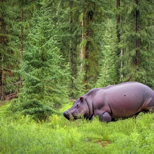 Image similar to a happy hippopotamus in a forest of cedar trees, realistic, photograph, high quality