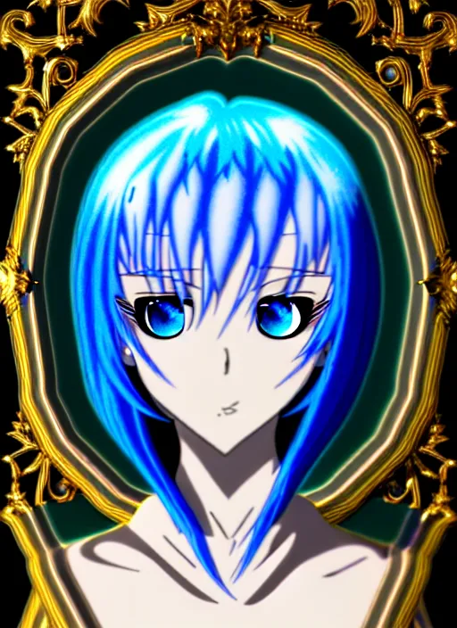 Image similar to a hologram of rimuru tempest, sky blue hair, golden eyes, wearing a black stylish jacket, pixiv 3 d render, holography, irridescent, covered by baroque bedazzled ornamental frames