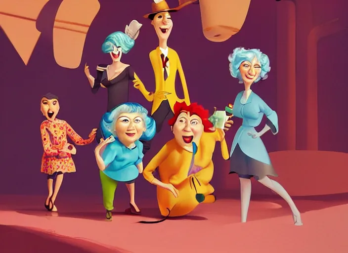 Image similar to pixar cartoon character of bea arthur being happy with her friends from the golden girls. style by petros afshar, christopher balaskas, goro fujita, and rolf armstrong.