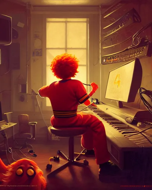 Image similar to ronald mcdonald with headphones at his home studio producing music late at night, very detailed, 4 k, concept art like ernest khalimov, intricate details, highly detailed by greg rutkowski, ilya kuvshinov, gaston bussiere, craig mullins, simon bisley