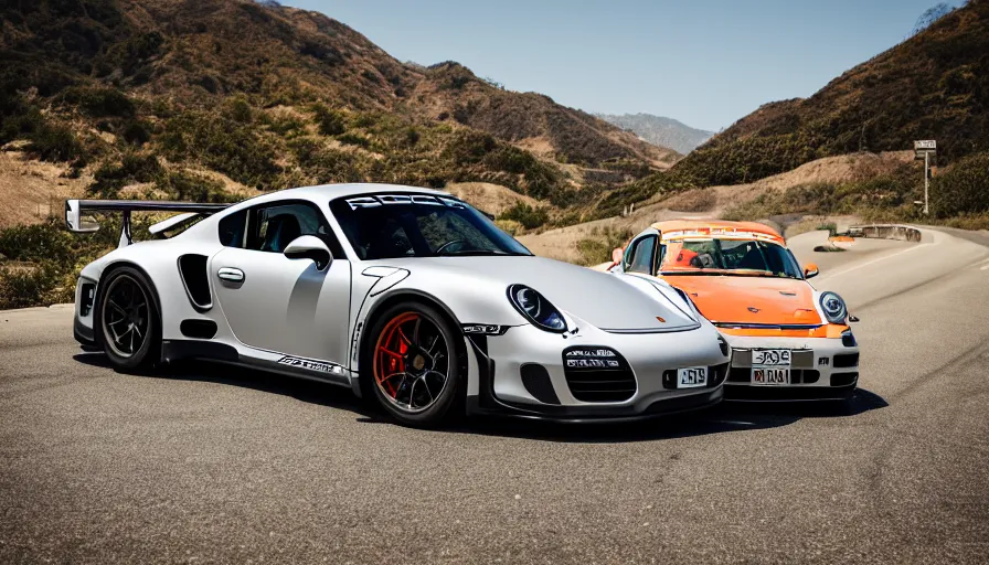 Image similar to photograph, PORSCHE RSR, IROC, Peter Singhof, press release, cinematic, malibu canyon, 8k, depth of field, bokeh. rule of thirds,