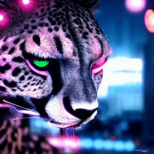 Prompt: closeup profile shot of neon cybernetic cheetah, city lights, strong bokeh, dramatic, cinematic, high contrast, octane render, artstation, 4k