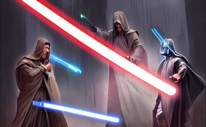 Image similar to epic standoff between a robed Jedi and a Sith, lightsabers in hand, ancient High Republic stone temple environment, high contrast, 8k clean fantasy comic book cover illustration