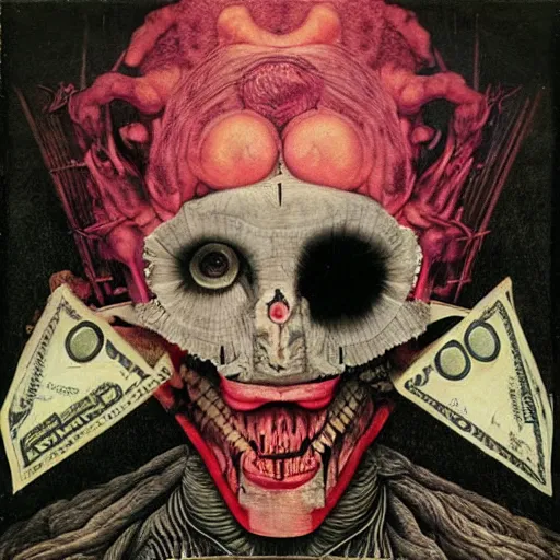 Image similar to post - punk album cover, asymmetrical design, dollar bank, new age, apocalypse, psychedelic, black white pink, magic, giger h. r., giuseppe arcimboldo