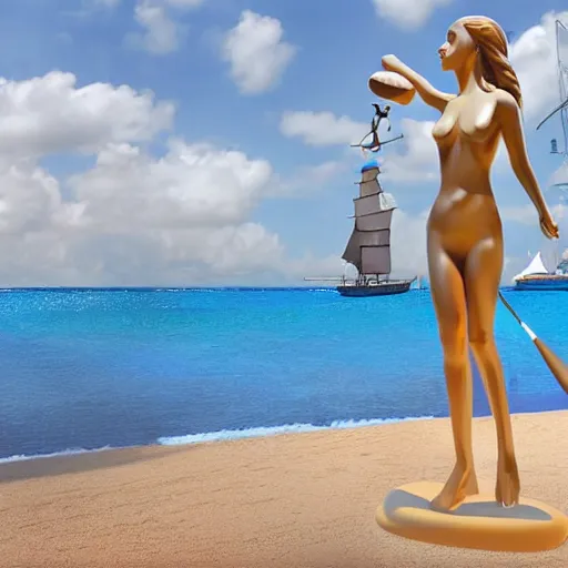 Image similar to digital art, trending on artstation, cycladic statue of a woman playing baseball, on a caribbean beach, a pirate ship in the background