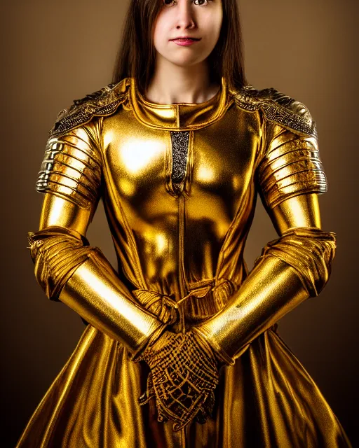 Image similar to award winning photograph portrait of woman in shining golden armor, high production value, intricate details, high resolution, hdr, high definition, masterpiece, realistic, ultrarealistic, highly detailed, hd, sharp focus, non blurry, sharp, smooth