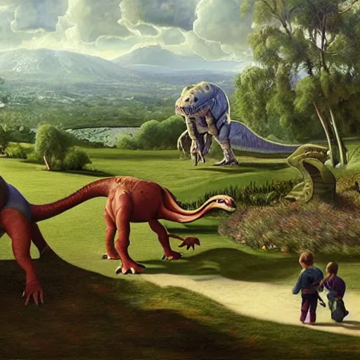 Prompt: dream a kid at the park walking a dinosaur with a leash, renaissance oil painting by George Lucas and Jarosław Jaśnikowski and Dan Mumford, hyperralistic, hyperdetailed