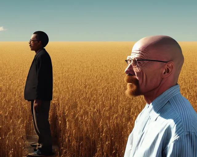 Image similar to walter white standing in front of gustavo fring in a wheat field, side view, 3 5 mm photograph, 8 k resolution, wide shot, sharp lens