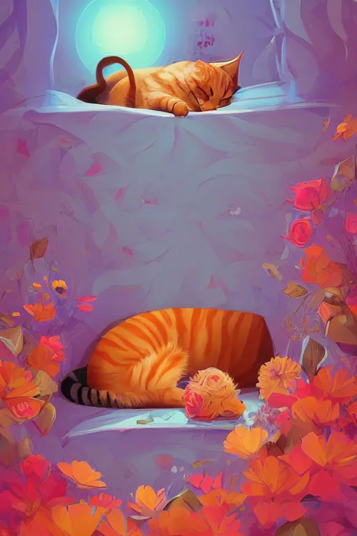 Image similar to a digital art of a cat sleeping in the room with flowers around in the afternoon, the sun shines in, animal, light effect, highly detailed, by anton fadeev