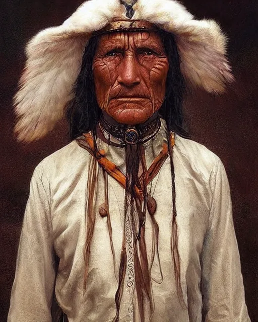 Image similar to an old sioux warrior, scars on his face, oil on canvas, artstation, by j. c. leyendecker and edmund blair leighton and charlie bowater, beautiful face, octane, very aesthetic!!!!!!!!!!!!!!! stunning gorgeous big eyes