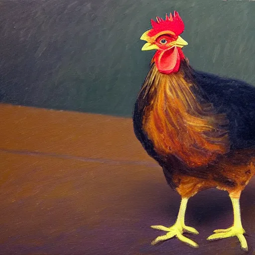 Prompt: a high quality photo of a chicken wearing a suit impressionism 8 k