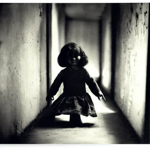 Prompt: creepy vintage doll in darkly lit hallway photo by william mortensen