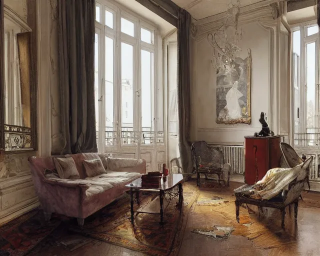 Prompt: a beautiful parisian apartment with and antique furniture with a view of the city, interior design, architecture, key lighting, soft lights, by steve hanks, by edgar maxence, by caravaggio, by michael whelan, by delacroix, by serov valentin, by tarkovsky, 8 k render, detailed, oil on canvas
