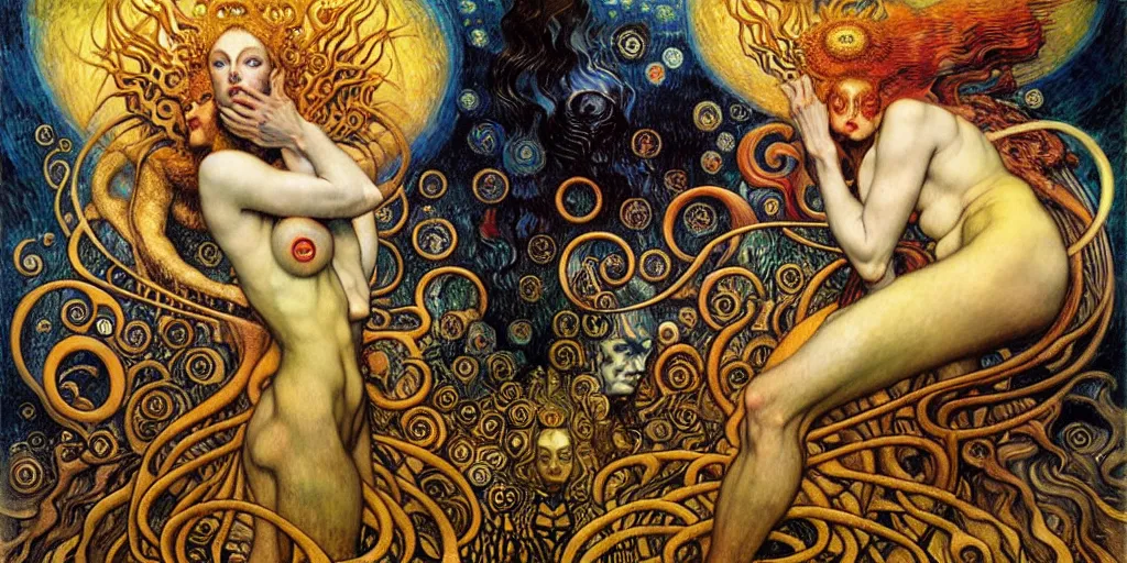 Image similar to Divine Chaos Engine by Karol Bak, Jean Delville, William Blake, Gustav Klimt, and Vincent Van Gogh, symbolist, visionary