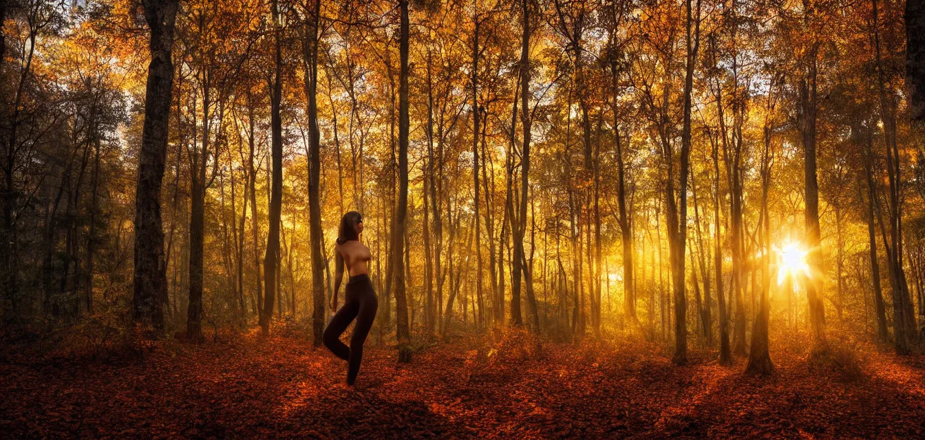 Image similar to bodyscapes. intense promiseful happiness, autumn sunrise warm hdri forest light