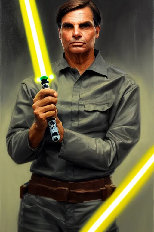 Prompt: breathtaking detailed concept art painting of jair messias bolsonaro holding a lightsaber, by hsiao - ron cheng, exquisite detail, extremely moody lighting, 8 k