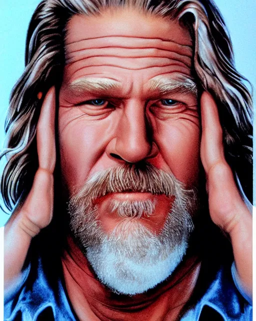 Image similar to jeff bridges in the big lebowski, airbrush, drew struzan illustration art, key art, movie poster