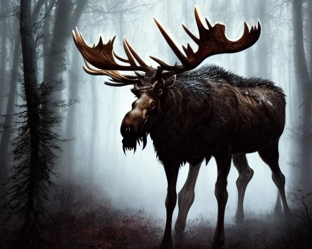 Prompt: 5 5 mm portrait photo of an armored demonic undead rotting moose with antlers, in a magical forest looking at the camera. dark atmosphere. art by greg rutkowski and luis royo. highly detailed 8 k. intricate. lifelike. soft light. nikon d 8 5 0.