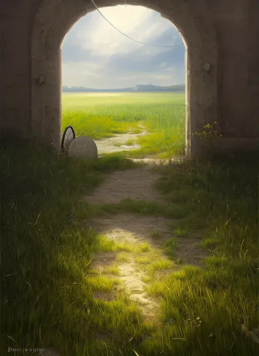 Image similar to a painting of an open door in the middle of a field, a detailed matte painting by the mazeking, featured on cgsociety, fantasy art, matte painting, concept art, deviantart