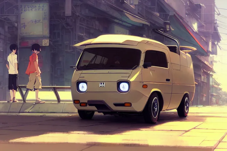 Image similar to honda motocompo, painted by greg rutkowski makoto shinkai takashi takeuchi studio ghibli, akihiko yoshida