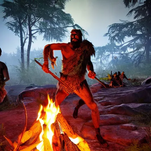 Image similar to spartan high on peyote at jungle campfire below full moon in the style of far cry primal and game of thrones, warm lighting, 8 k