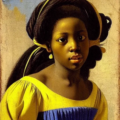 Prompt: a beautiful african girl, she is wearing a yellow dress with blue trim, she has long hair, artemisia gentileschi