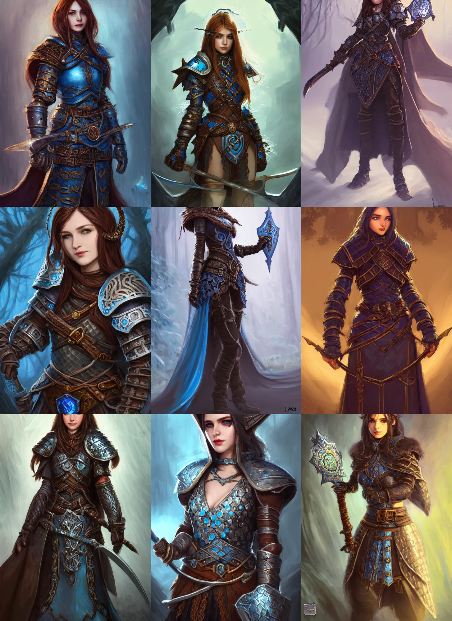 Prompt: portrait knight female, chainmail, blue surcoat, elf long weaving brown hair, round blue medallion, leather gloves, wide belt scabbard, shield, dark forest, dnd fantasy, intricate, digital painting, artstation, concept art, matte, sharp focus, illustration, hearthstone, art by loes romero, artgerm, mucha