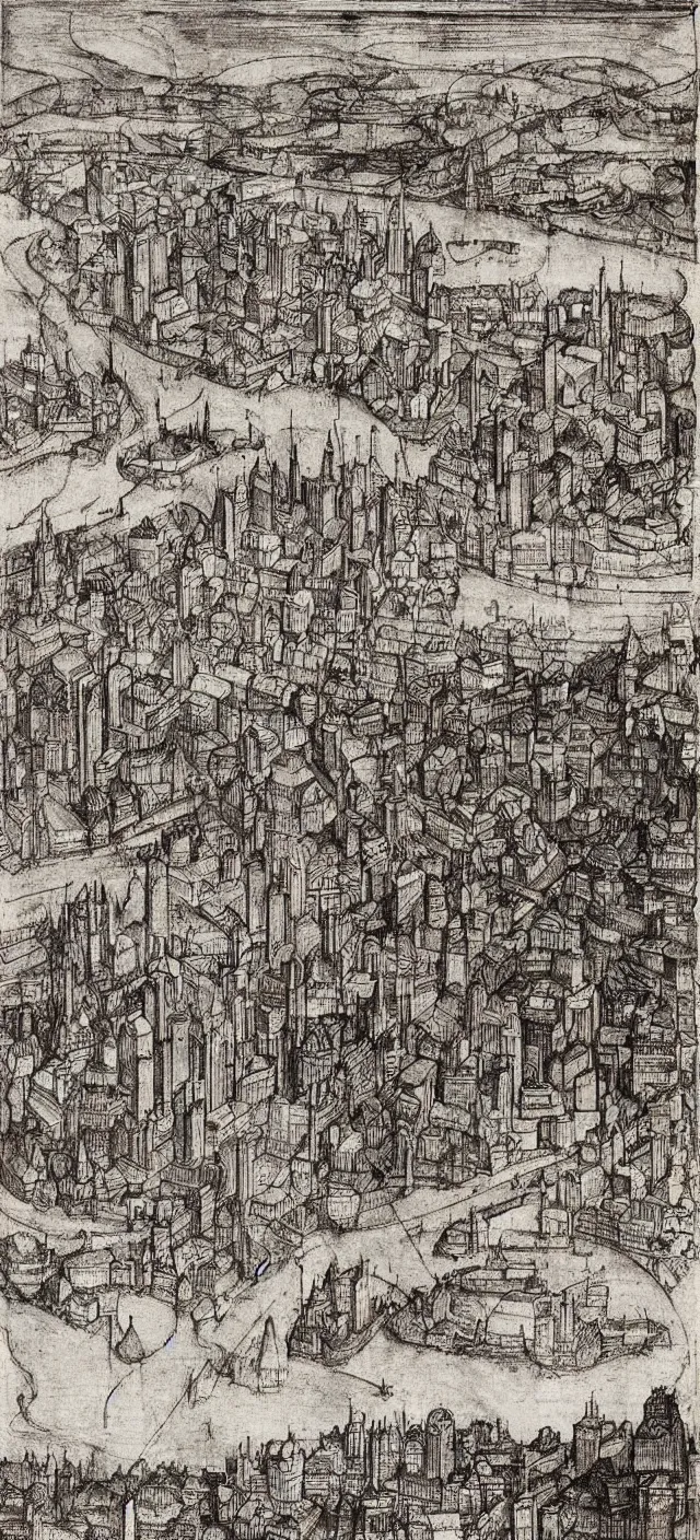 Prompt: a cityscape by albrecht durer and william blake, muted colors,