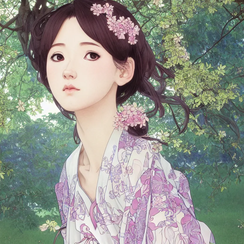 Image similar to portrait of a girl, sakura tree in background, yukata clothing, real faces, anime style, short hair, hair down, symmetrical facial features, realistic hands, hyper realistic, 4 k, extreme detail, detailed drawing, trending artstation, realistic lighting, by alphonse mucha, greg rutkowski, sharp focus, backlit