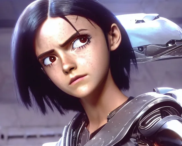Prompt: a film still from battle angel alita played by actress emma watson, futuristic, cinematic lighting, photorealistic, lifelike, highly detailed, photorealistic, high resolution
